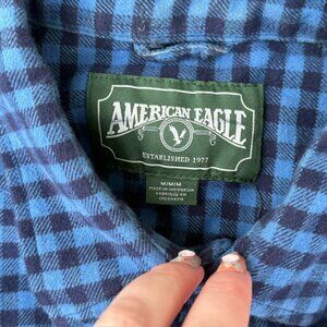 American Eagle Blue Gingham Flannel M Button Up Grunge Workwear Y2K 3226